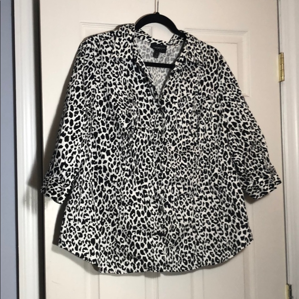 White and Black Leopard Print Button Down Top